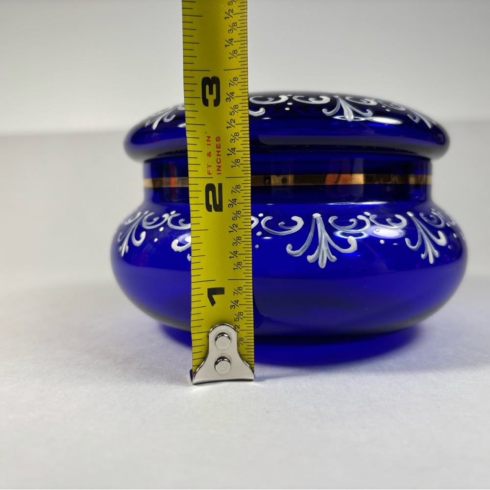Czech Glass Handmade Cobalt Enamel Painted Victorian Couple Trinket Box Gold Rim - Picture 7 of 8